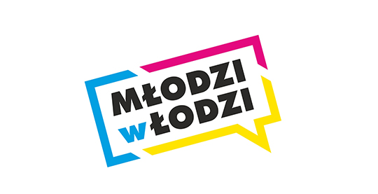 Logo Młodzi w Łodzi ma kształt komiksowej chmurki, w której umieszcza się dialogi. Jednakże tutaj ją zgeometryzowano i  lekko  przechylono, a jej białe tło z czarnym napisem obwiedziono kolorem niebieskim, żółtym i amarantowym.