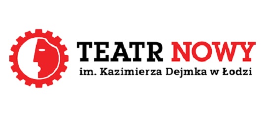 Tło białego poziomego prostokąta wypełnia czerwone logo i  czerwono czarny napis: TEATR NOWY IM. KAZIMIERZA DEJMKA W ŁODZI. Projekt „Nowy i młodzi”.