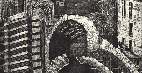 Achromatyczny, poziomy prostokąt z różnorodnymi fragmentami budowli, zestawionymi wizualnie niczym kolaż. Oskar Gorzkiewicz - Urban Scenes. Experimental Intaglio\