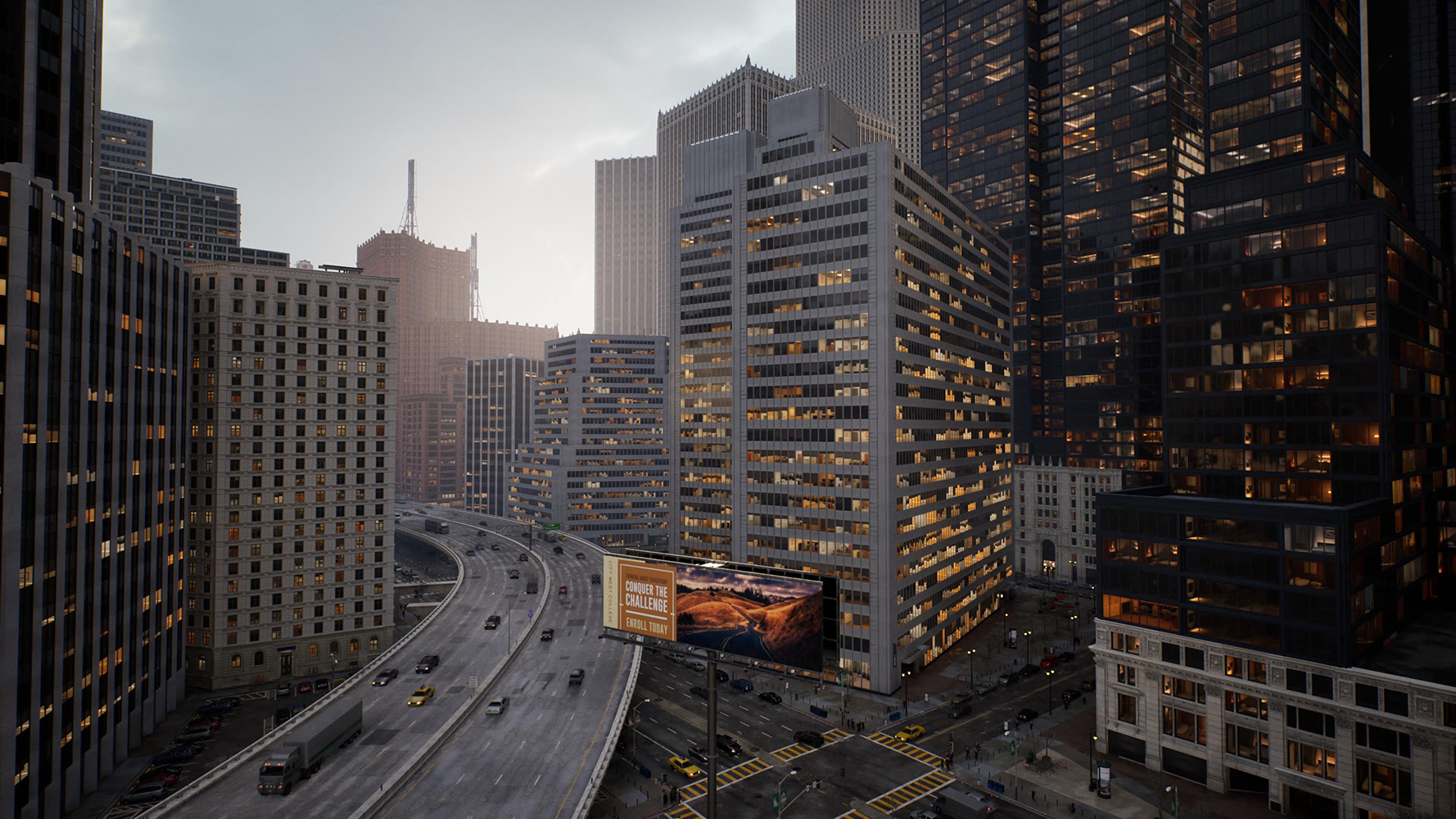 Podobne ujęcie, gdzie ponownie widać ulicę wzniesioną ponad poziom parteru i biegnącą łukiem pomiędzy wysokimi, kilkudziesięciopiętrowymi  budynkami. 