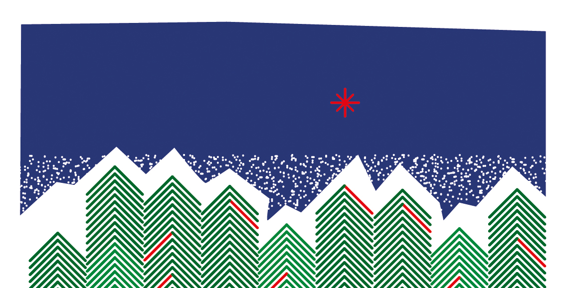 Poziomy prostokąt w górnej połowie wypełniony ciemnym błękitem z czerwoną gwiazdką. Dolną połowę zajmują symboliczne, nierównomierne wierzchołki zielonych choinek przykrytych białymi czapami śniegu