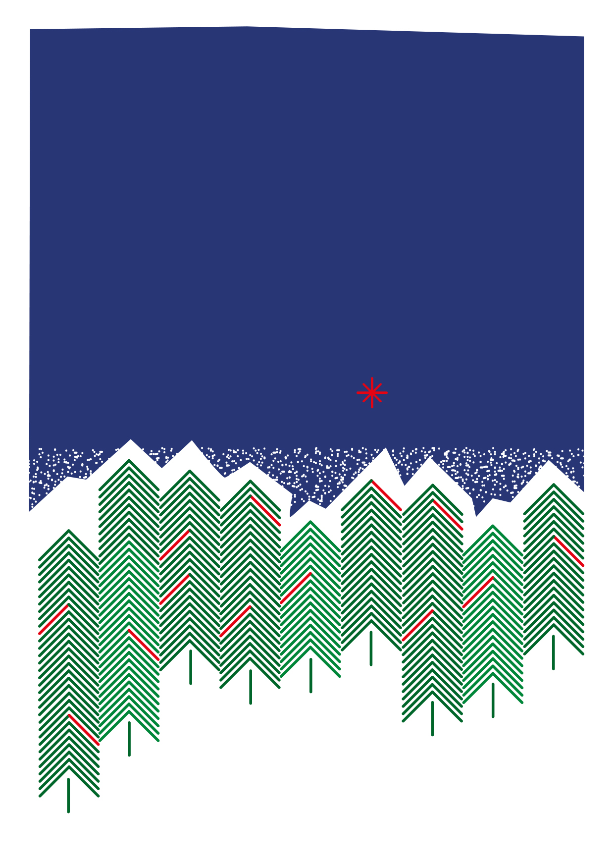 Pionowy prostokąt plakatu. Środek obrazu wypełniają symboliczne choinki. Zbudowane z linii zgiętych pod kątem prostym, które ułożone na sobie pionowo w niewielkich odstępach, tworzą nierównomierny rząd różnych rozmiarem zielonych drzewek z niewielkimi akcentami czerwieni.  Umieszczone w środkowej części na białym tle,  pod ciemnym błękitem nieba z czerwoną gwiazdką,  sprawiają wrażenie otulonych bielą,  stojących na śniegu i okrytych śnieżnymi czapami. 